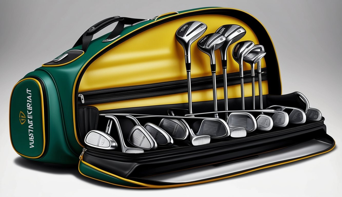 Austin Eckroat's golf bag open, revealing a set of various clubs neatly arranged inside