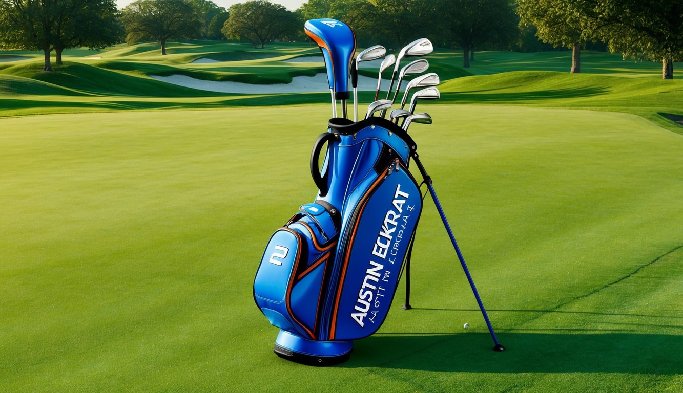 Austin Eckroat's golf bag with various clubs arranged neatly on a lush, green fairway