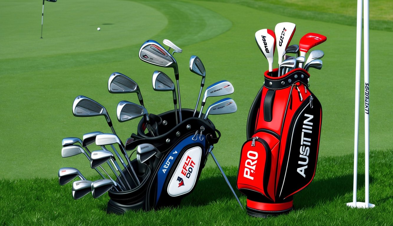 Austin Eckroat's golf bag, with a variety of clubs, laid out neatly on the grass next to the tee box