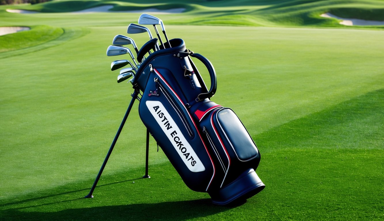 Austin Eckroat's golf bag open, revealing a set of clubs neatly organized on a lush green fairway