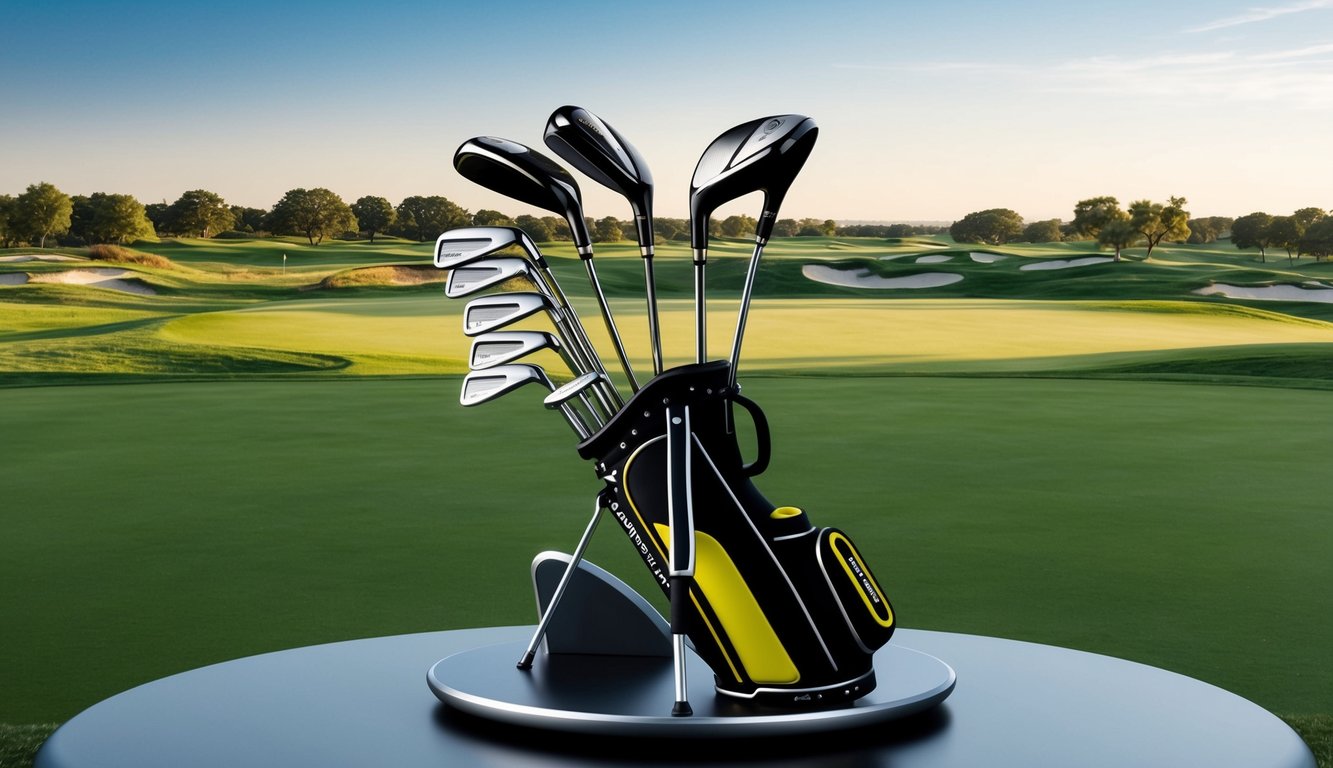 Austin Eckroat's golf clubs arranged neatly on a sleek, modern stand, with the backdrop of a lush, well-manicured golf course stretching out in the background