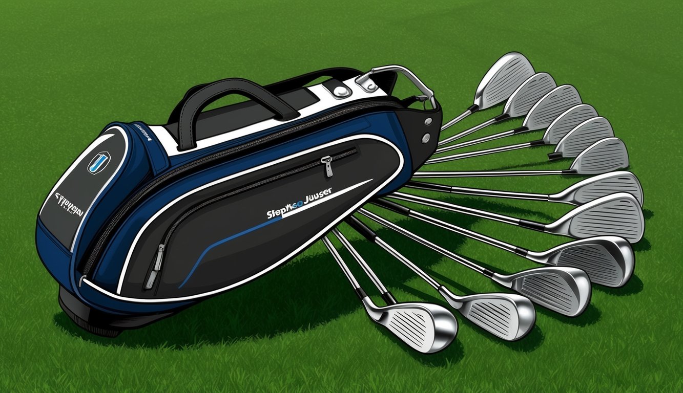 Stephan Jaeger's golf bag with a variety of clubs laid out on the grass