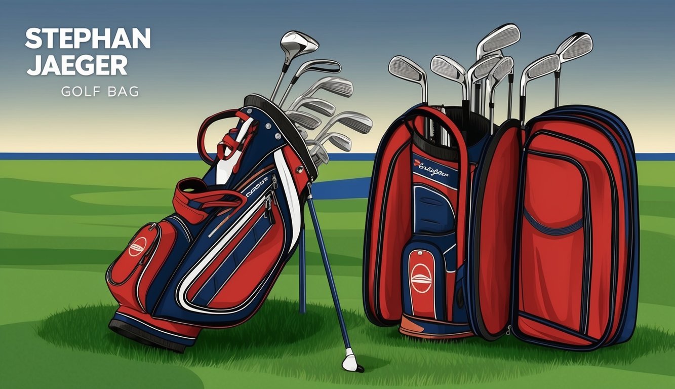 Stephan Jaeger's golf bag open, clubs neatly arranged