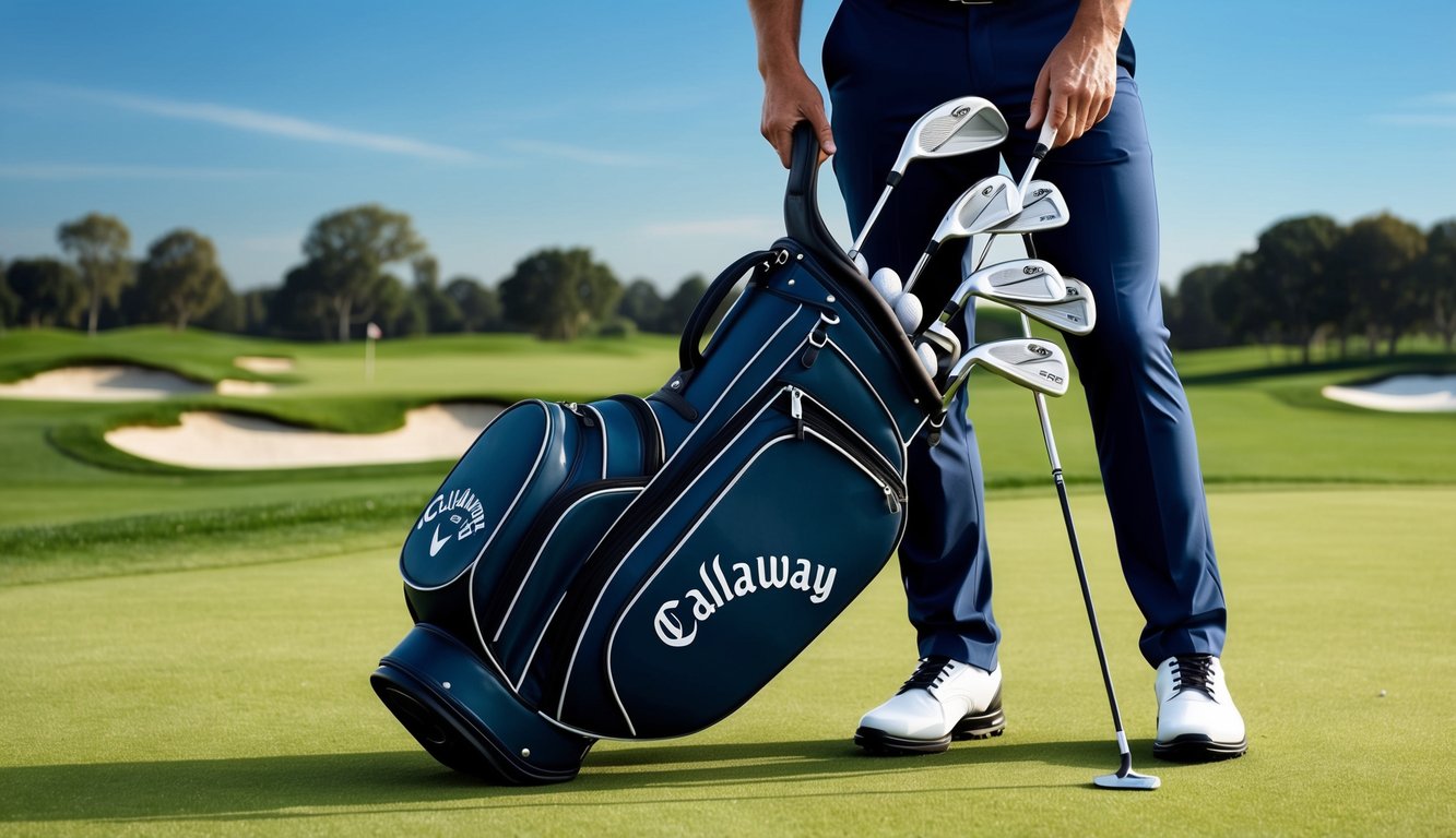 Stephan Jaeger's golf bag open, revealing a set of Callaway clubs neatly arranged on the grassy tee box