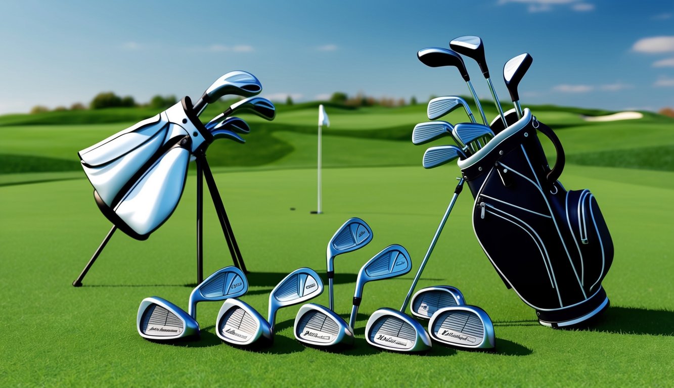 Stephan Jaeger's golf clubs arranged neatly on a grassy tee, with a golf bag and other equipment nearby