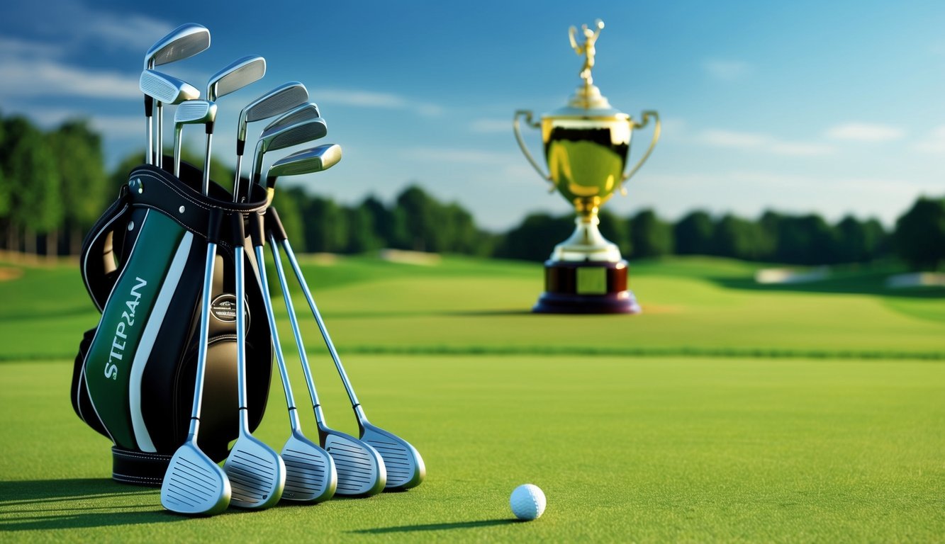 Stephan Jaeger's golf clubs arranged neatly on a pristine green fairway, with a trophy gleaming in the background