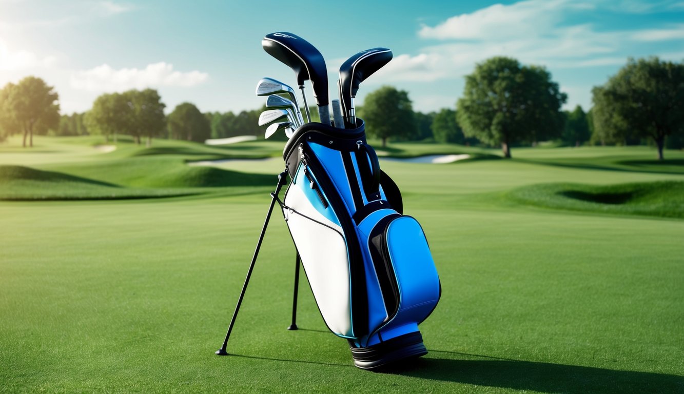 A golf bag with various clubs arranged neatly on a lush green golf course