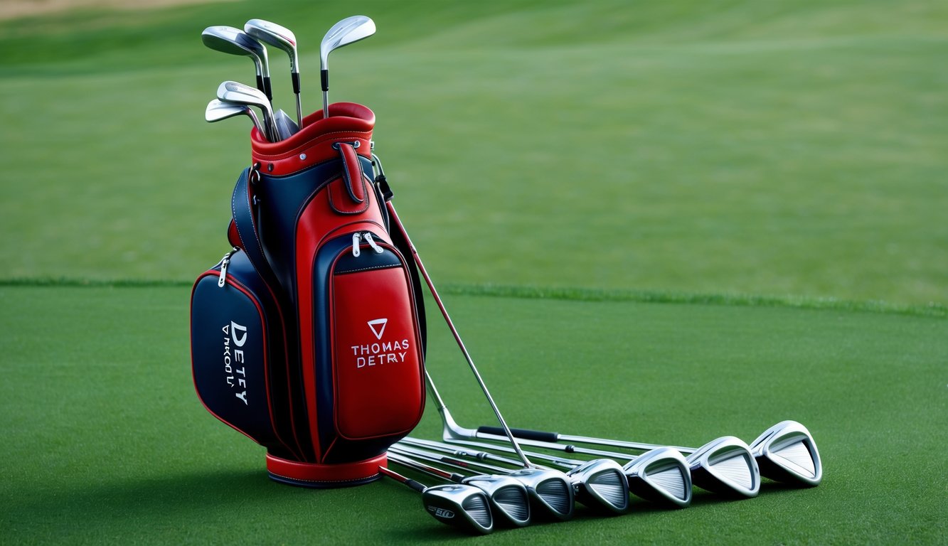 Thomas Detry's golf bag open, revealing a set of clubs neatly arranged on the grass