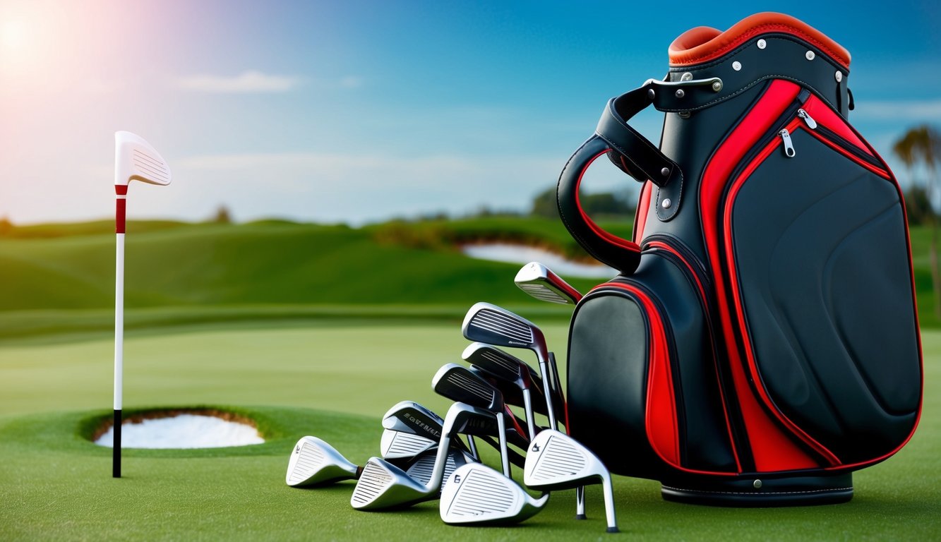 A golf bag with various clubs scattered on the grassy tee box