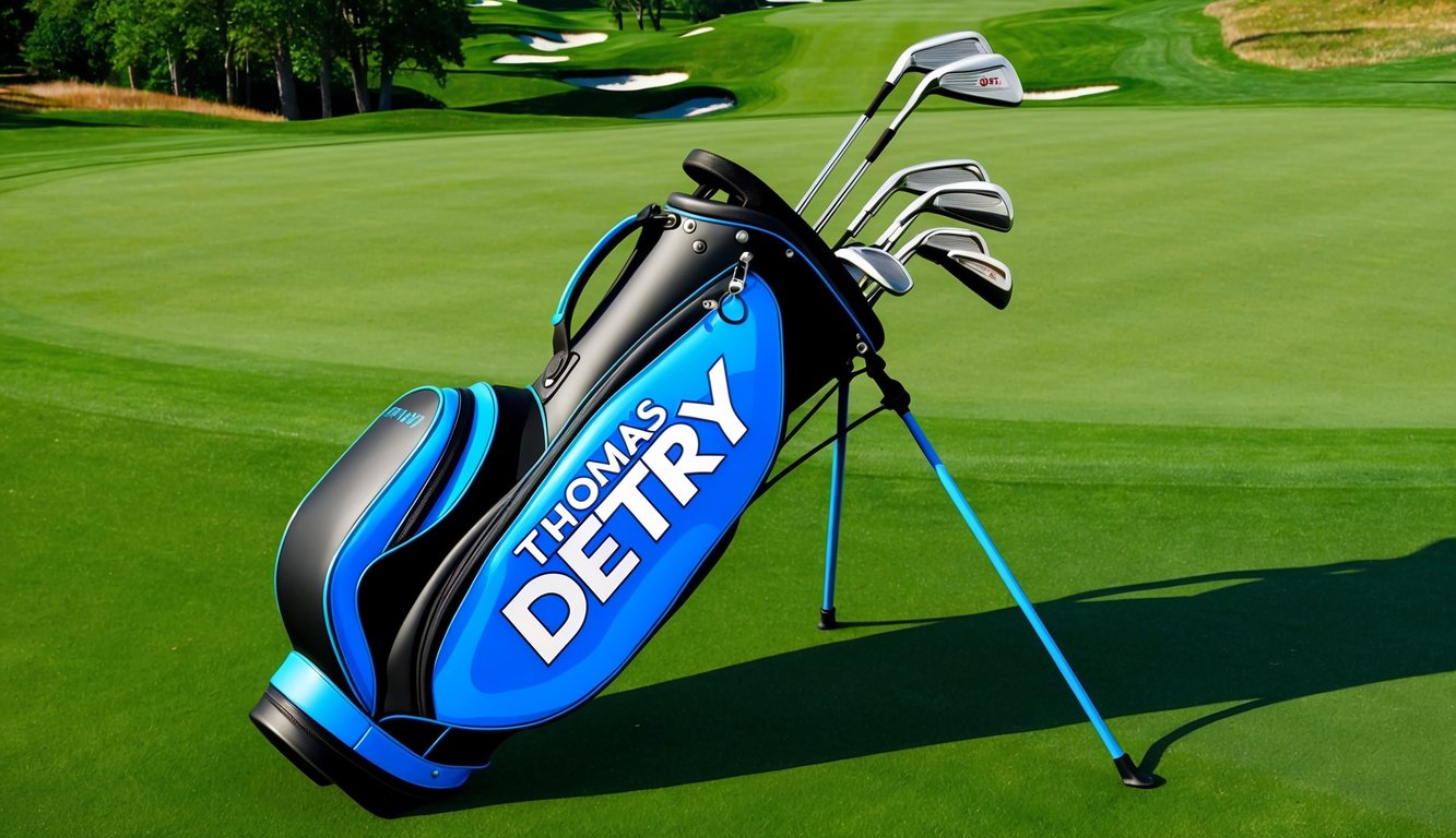 A golf bag with Thomas Detry's clubs laid out on a lush green fairway