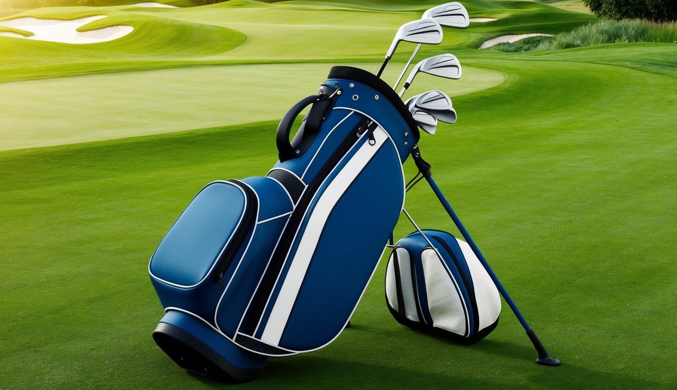 A golf bag with various clubs laid out on a lush green fairway