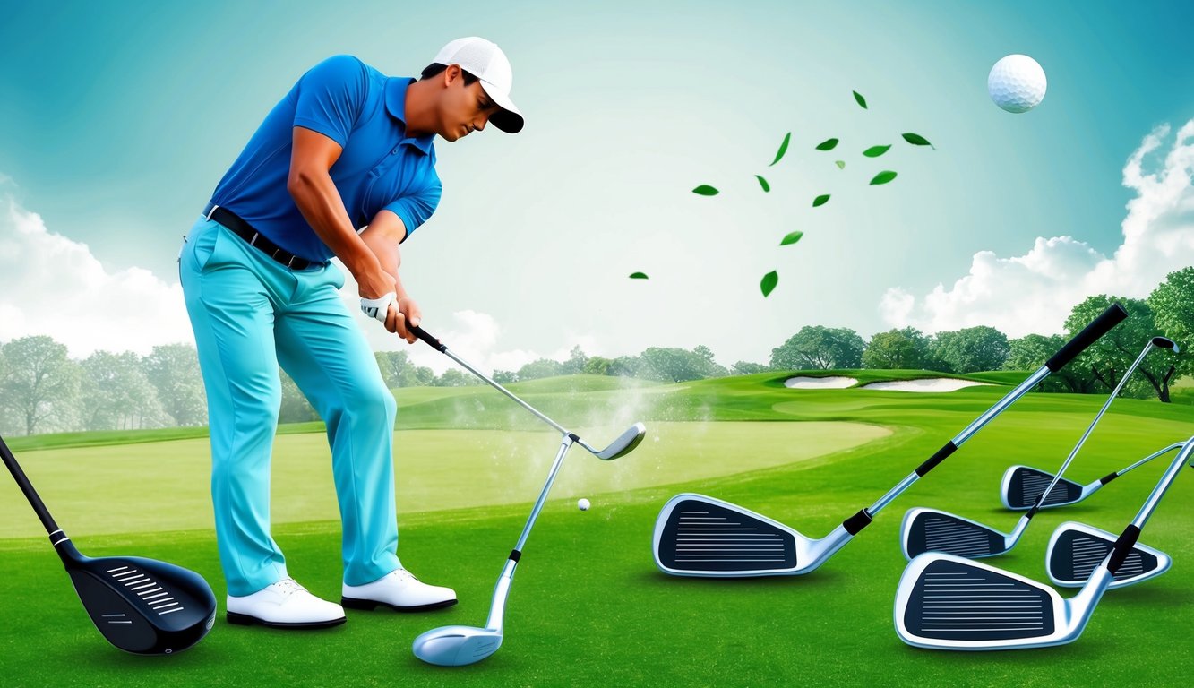 A golfer swings a club, sending a ball soaring across a lush green course. Various clubs are scattered nearby, showcasing the impact of golf equipment on performance