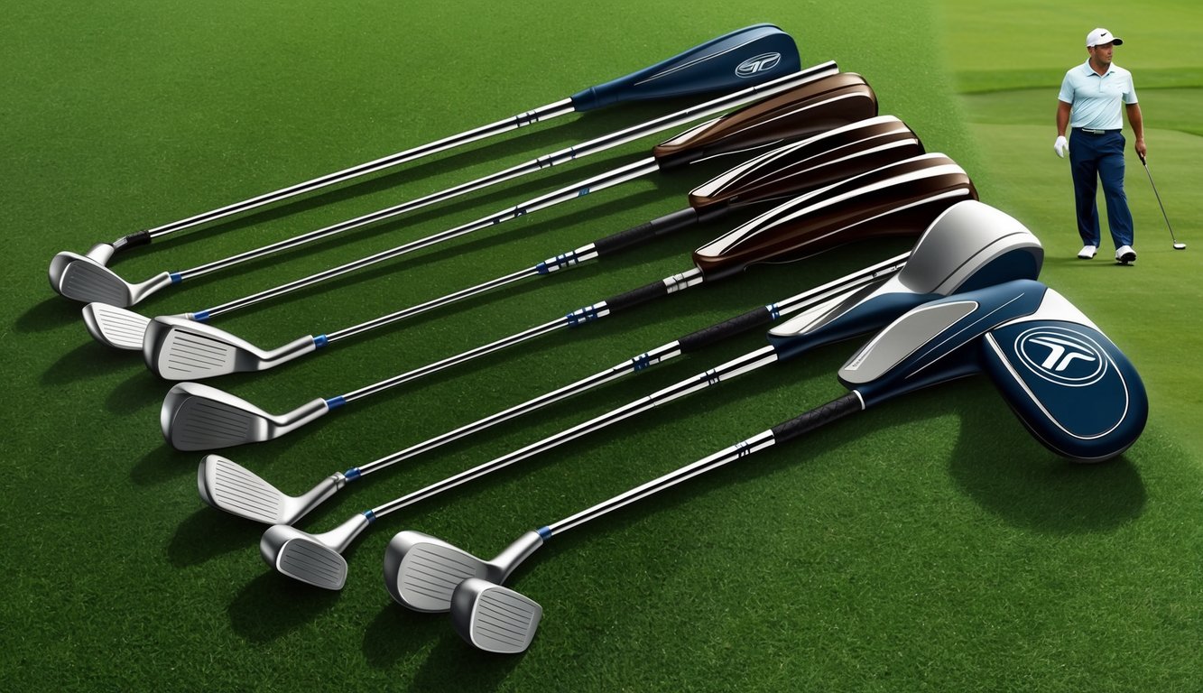 Thomas Detry's golf clubs laid out on a grassy area, with the golfer off to the side