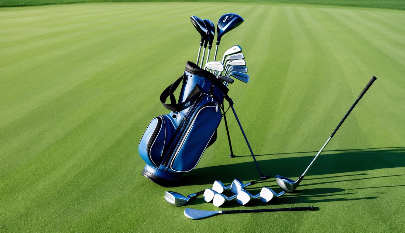 A golf bag filled with various clubs, including a driver, irons, wedges, and a putter, arranged neatly on a pristine green fairway