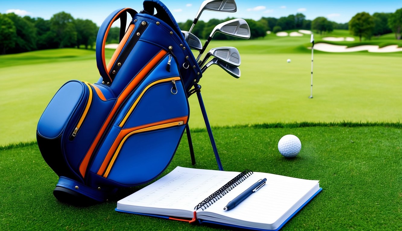 A golf bag with various clubs laid out on a grassy course, with a notebook and pen nearby for tracking and statistics