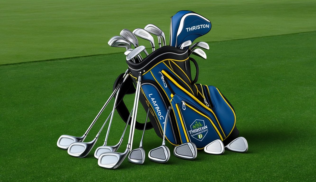 Thriston Lawrence's golf bag with a variety of clubs arranged neatly on the grassy tee box