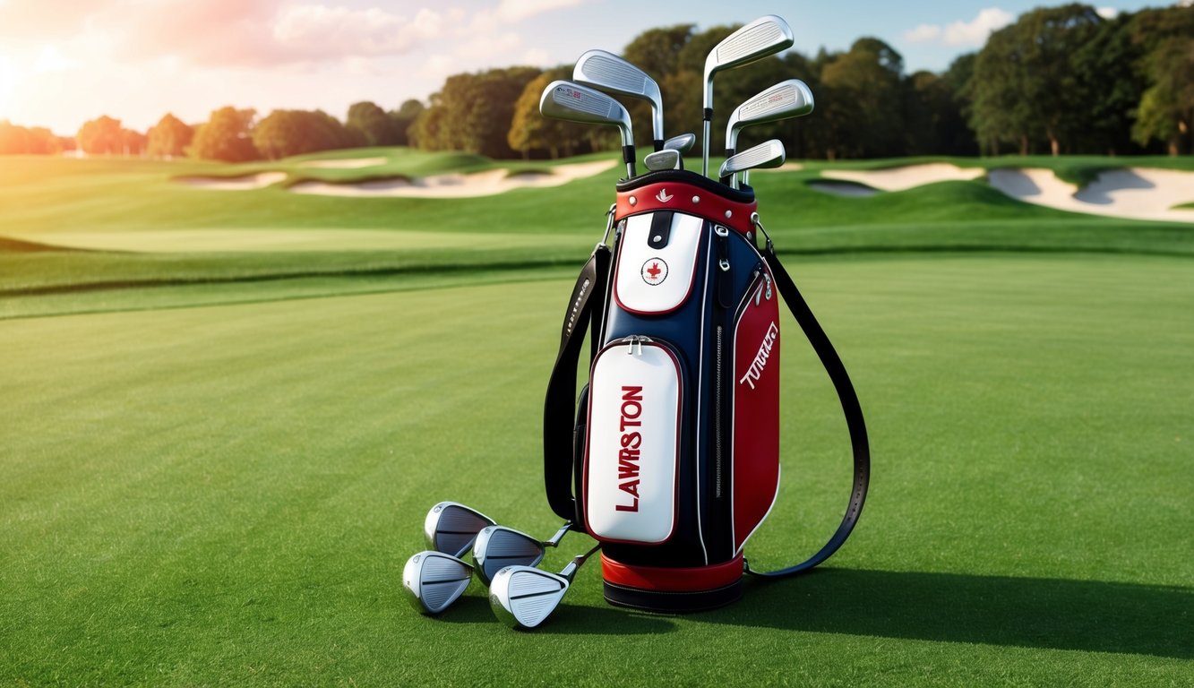 Thriston Lawrence's golf bag with various clubs laid out on a grassy course