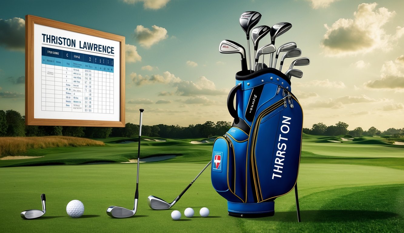 Thriston Lawrence's golf bag with various clubs arranged neatly on a lush green fairway, with a tournament schedule and goal list pinned to a nearby bulletin board