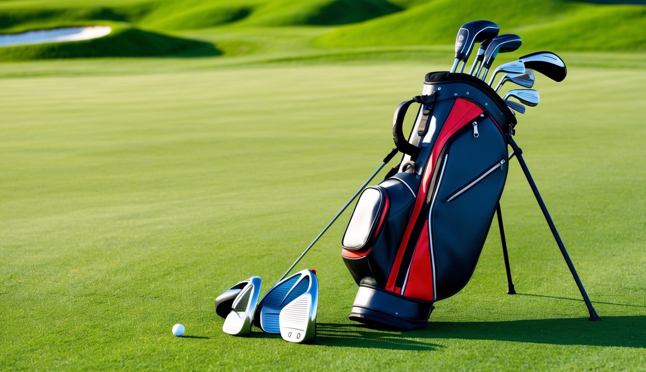 A golf bag with various clubs laid out on a lush green fairway