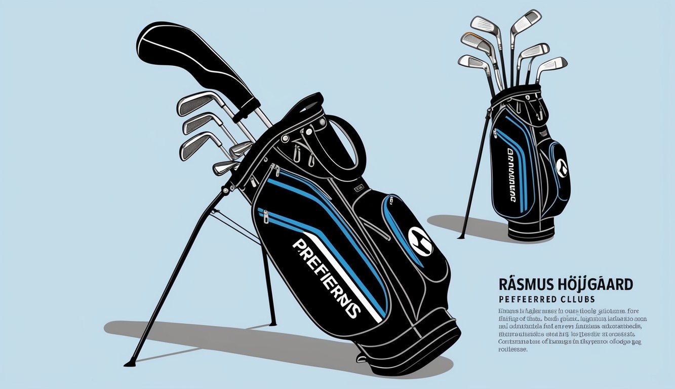 A golf bag with various clubs arranged neatly, including Rasmus Højgaard's preferred clubs