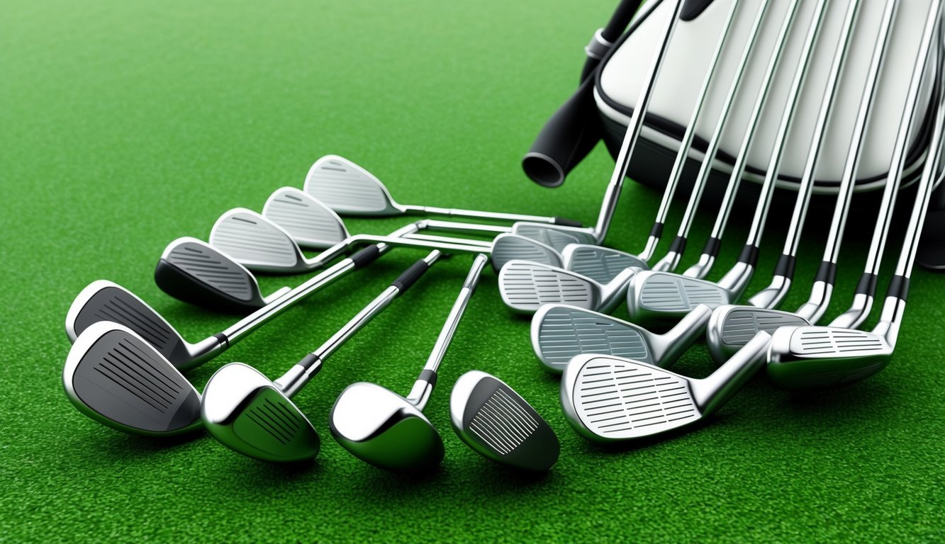 A set of golf clubs arranged neatly on a grassy green, with a golf bag nearby. The clubs are of various sizes and shapes, each with their own unique design and purpose