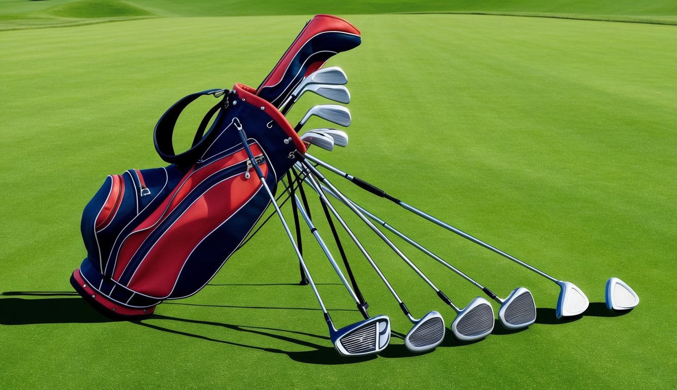 A golf bag with various clubs laid out neatly on a pristine green fairway