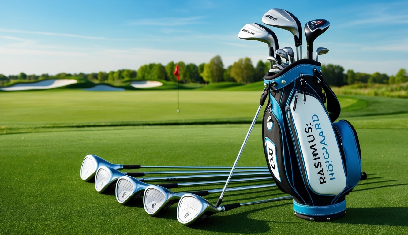 A golf bag with Rasmus Højgaard's clubs laid out on a lush green fairway, with a clear blue sky in the background