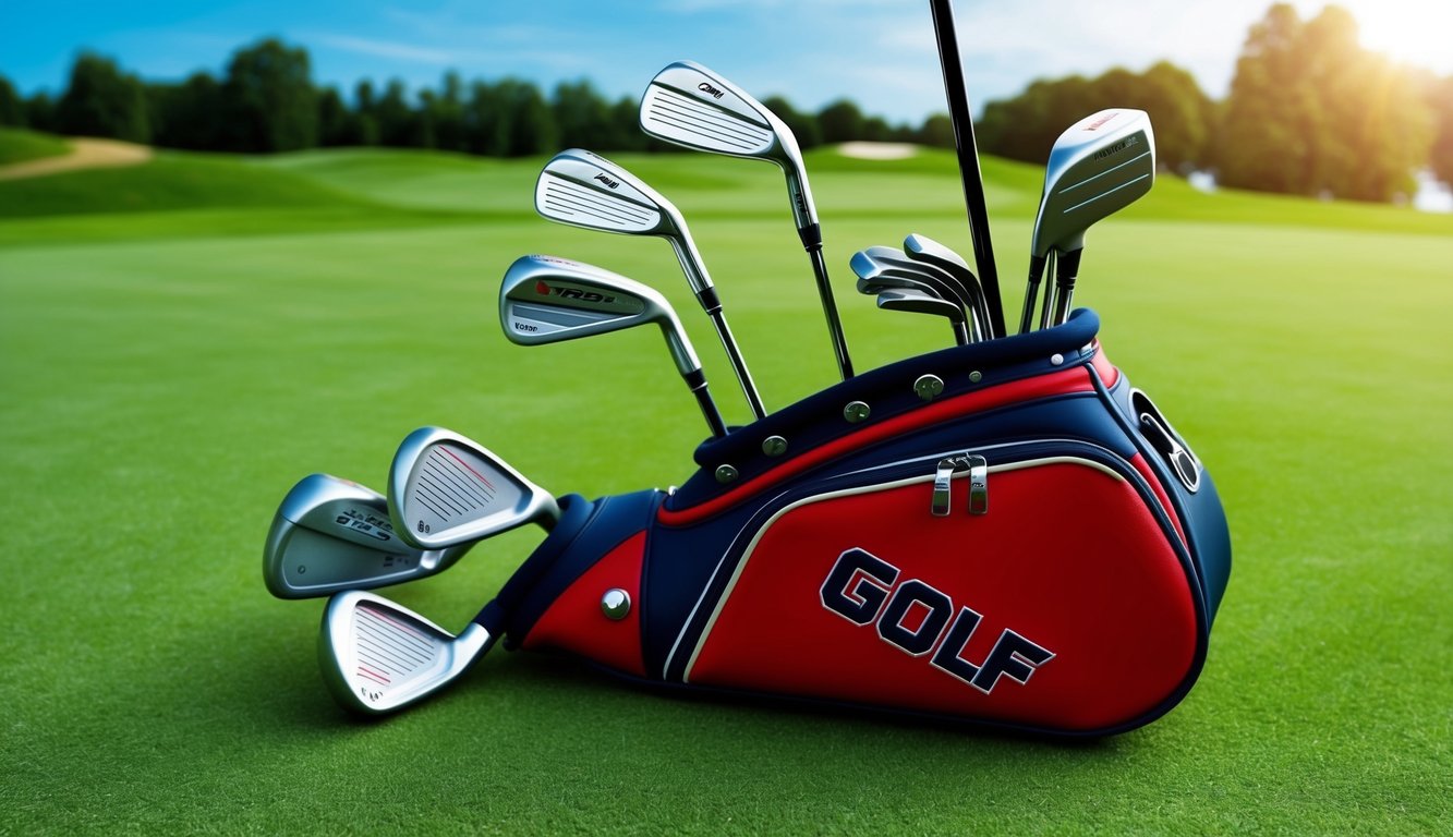 A golf bag with various clubs laid out on a lush green fairway