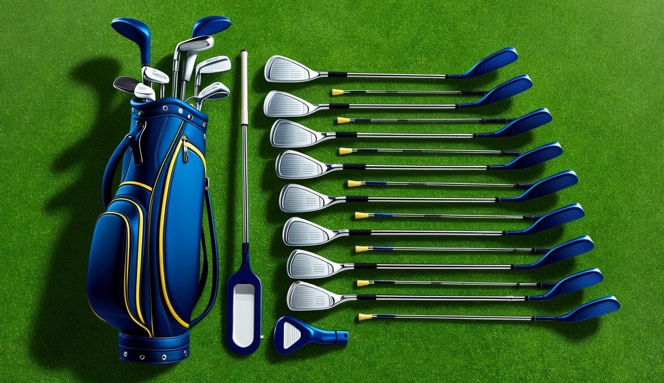 A set of golf clubs arranged neatly on a grassy green, with a golf bag and other accessories nearby