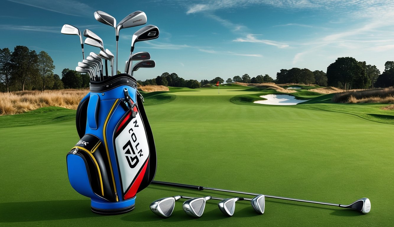 Erik van Rooyen's golf bag with a variety of clubs and shot types laid out on a green fairway