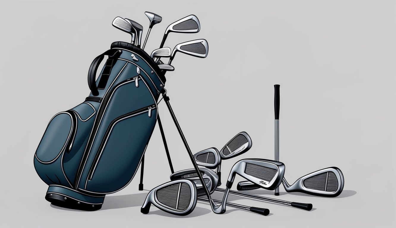 A golf bag with various clubs scattered around, including shafts and grips, ready for use by Erik van Rooyen