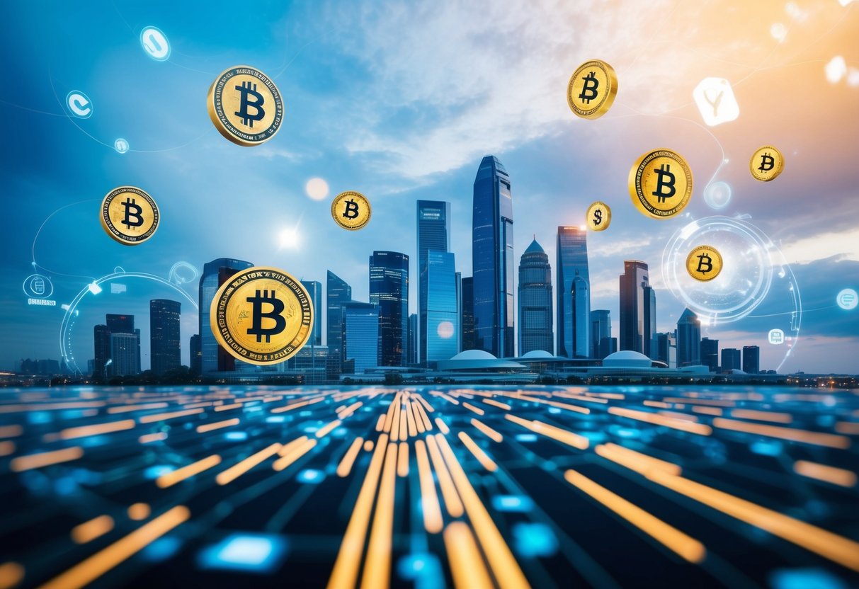 A futuristic city skyline with digital currency symbols floating in the air, surrounded by cutting-edge technology and innovative financial infrastructure