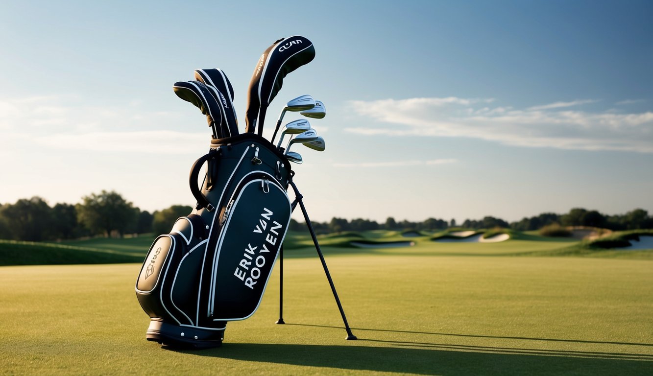 A golf bag with Erik van Rooyen's sponsored clubs arranged neatly on a lush green fairway