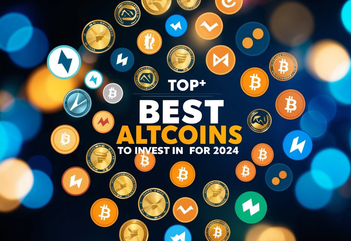 A collection of various altcoin symbols arranged in a dynamic and eye-catching composition, symbolizing the top 15+ best altcoins to invest in for 2024