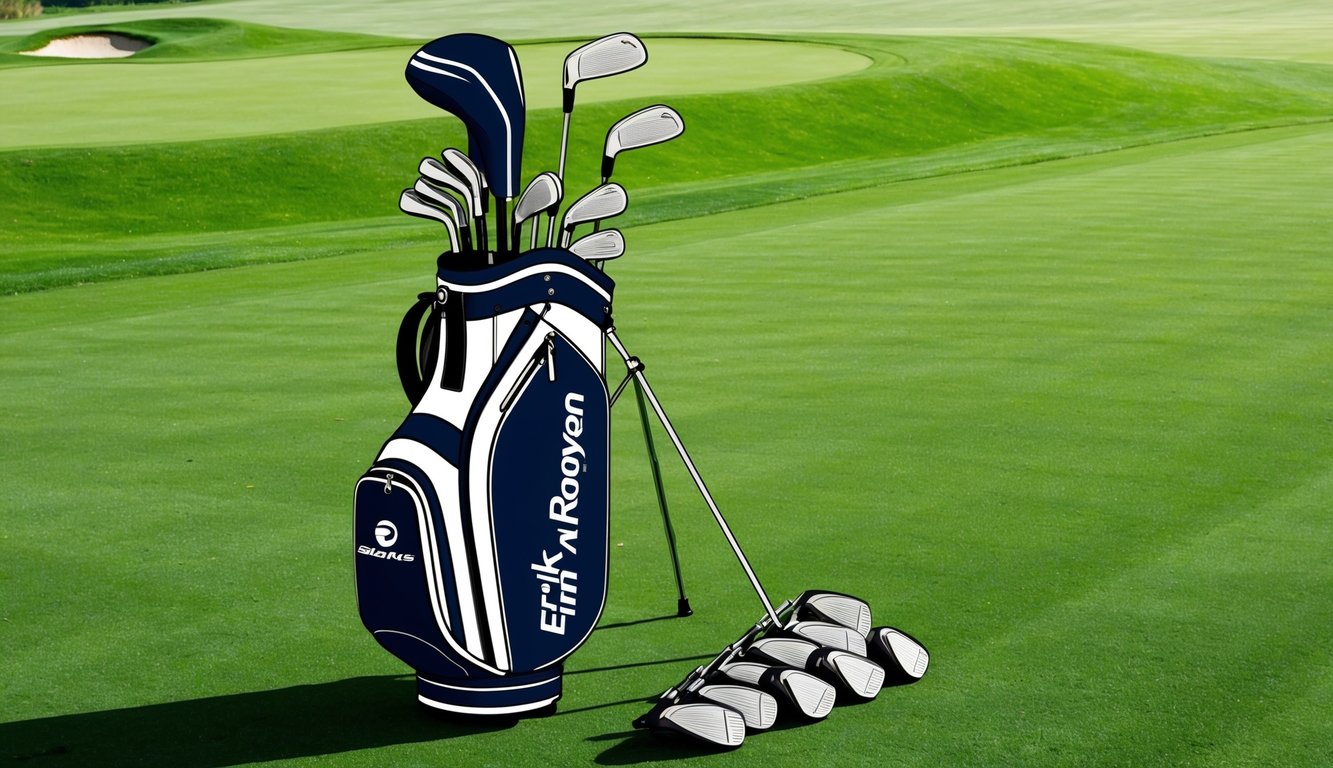 Erik van Rooyen's golf bag with a variety of clubs arranged neatly on a green grassy fairway