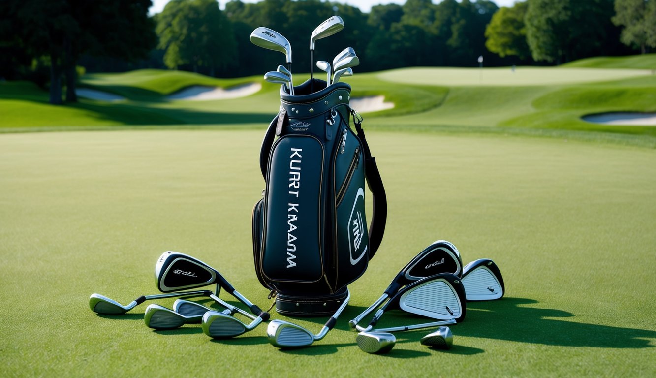 Kurt Kitayama's golf bag with a variety of clubs scattered around it on a lush green golf course