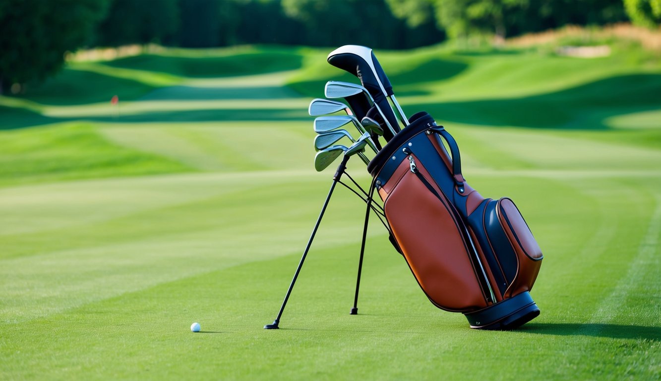 A golf bag with a set of clubs arranged neatly on a lush green fairway