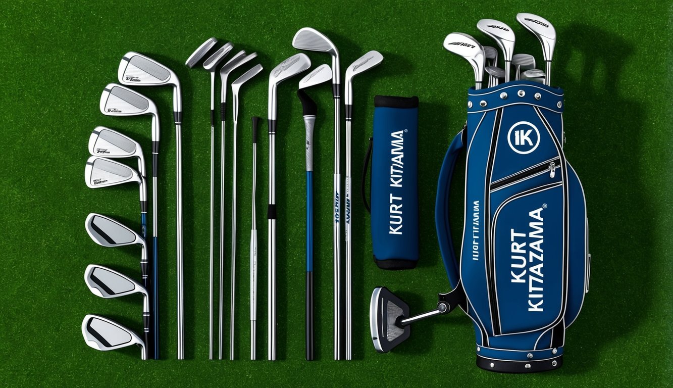 A set of golf clubs laid out neatly on a grassy surface, with a putter, irons, woods, and a bag bearing Kurt Kitayama's name and logo