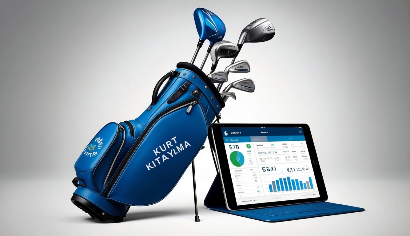 Kurt Kitayama's golf bag sits open, revealing a set of sleek, well-used clubs. A tablet displays detailed statistics and tournament results