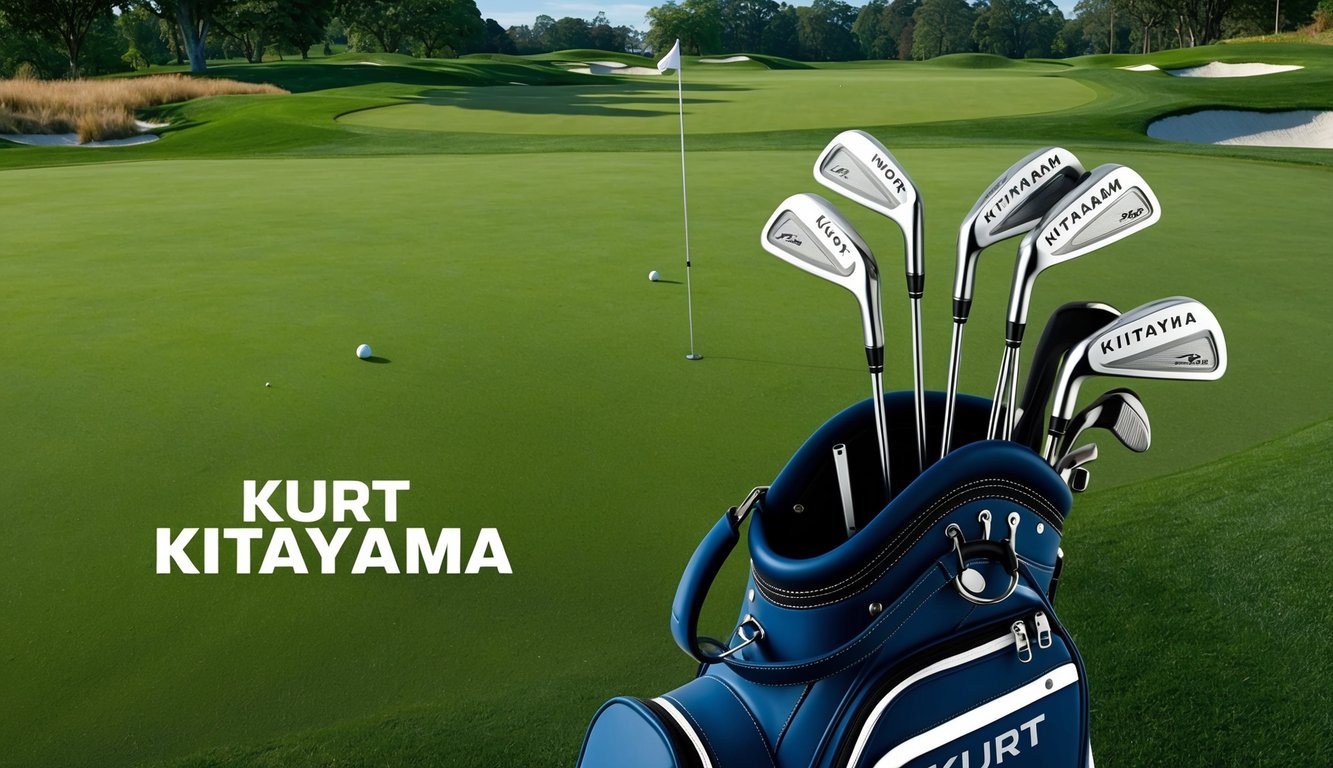 Kurt Kitayama's golf bag open on a lush green fairway, showcasing a set of sleek, modern golf clubs with his name engraved on each one