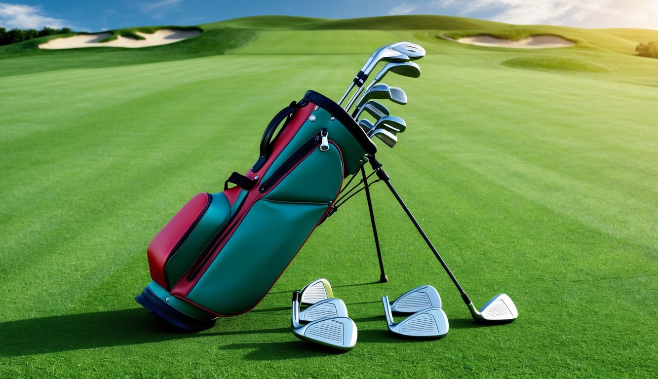 A golf bag with a variety of clubs laid out on a lush green fairway