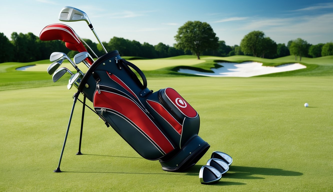 A golf bag with various clubs laid out on a pristine green course