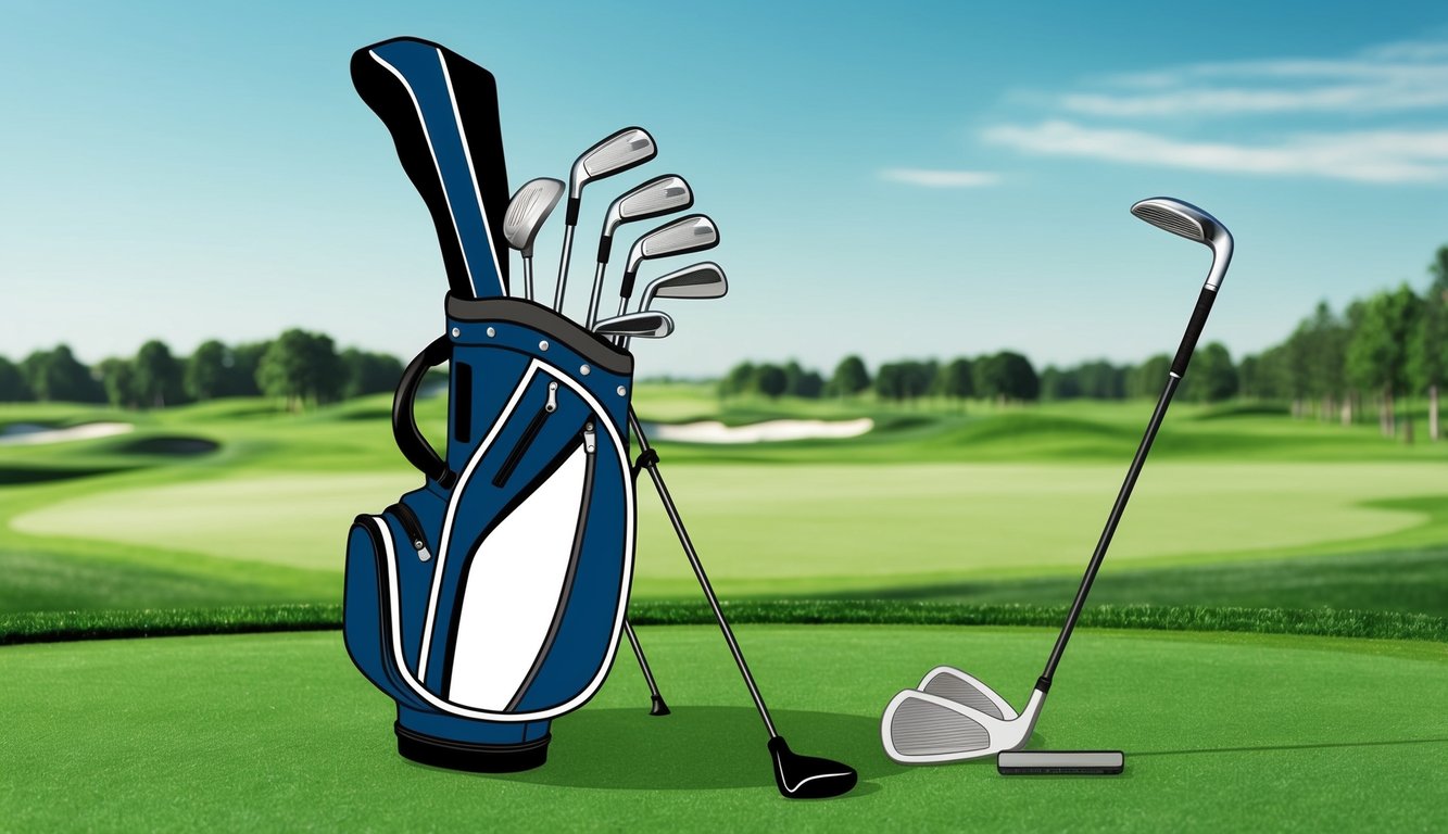 A golf bag with various clubs, including a driver, irons, wedges, and a putter, arranged neatly on a lush green golf course