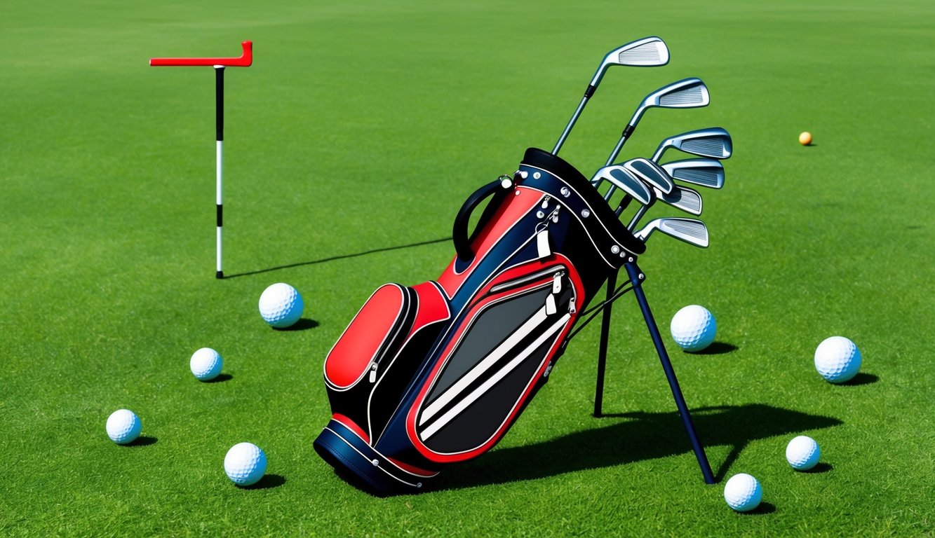 A golf bag with various clubs arranged neatly on a green grassy field, surrounded by scattered golf balls and a distance marker