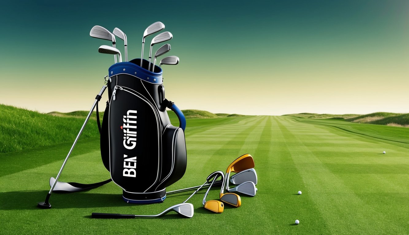 Ben Griffin's golf bag with various clubs scattered on the grass. A lush green fairway stretches into the distance