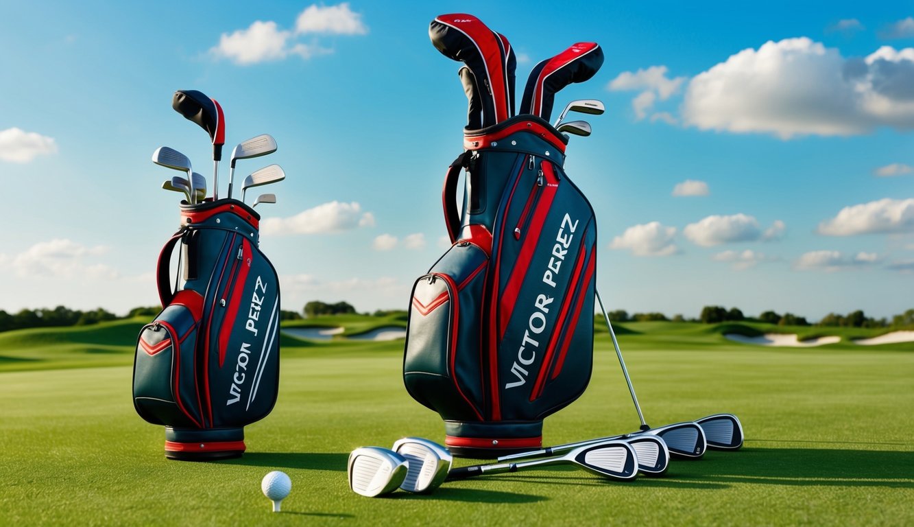 Victor Perez's golf bag with various clubs laid out on a green grassy course