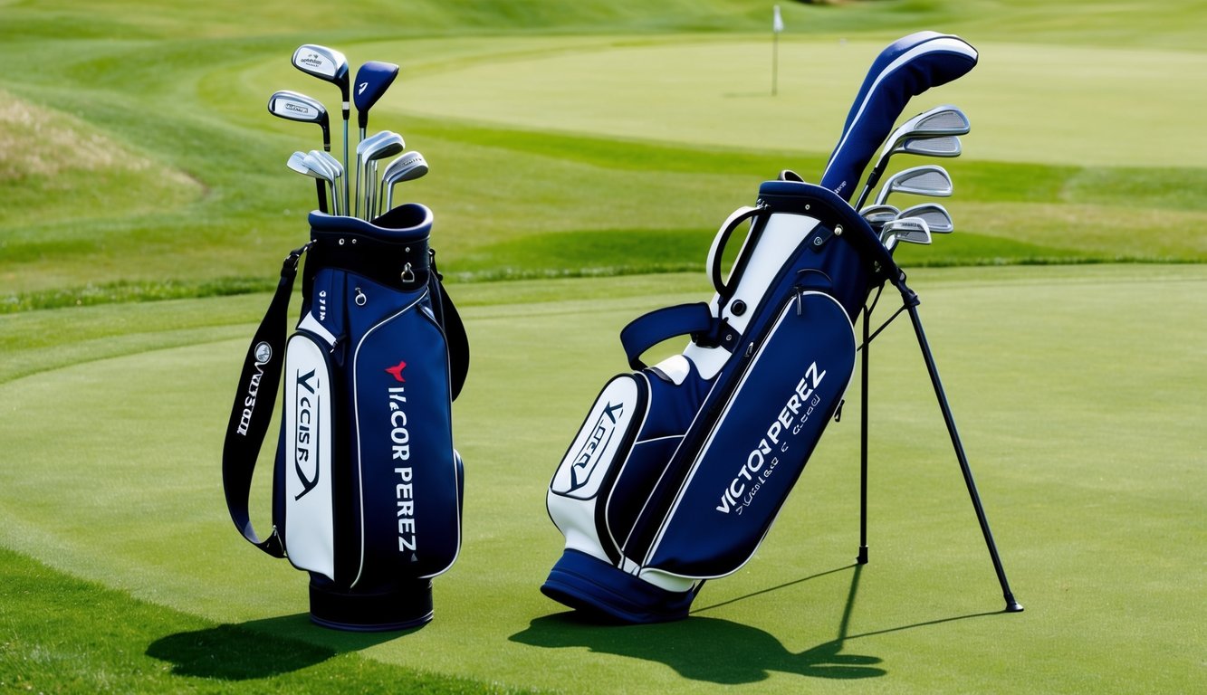 Victor Perez's golf bag with his preferred clubs laid out on the grassy tee box