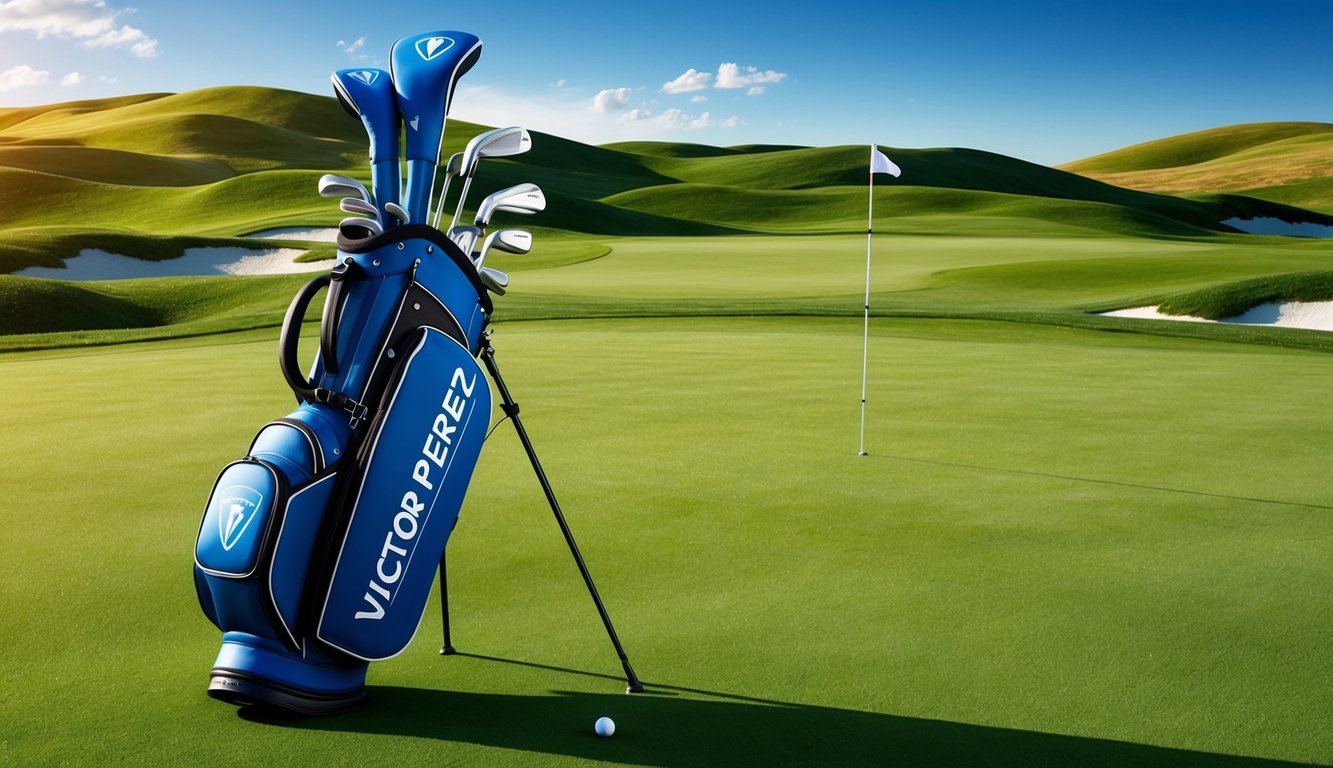 Victor Perez's golf bag with his clubs arranged neatly on a lush green fairway, surrounded by a backdrop of rolling hills and a clear blue sky