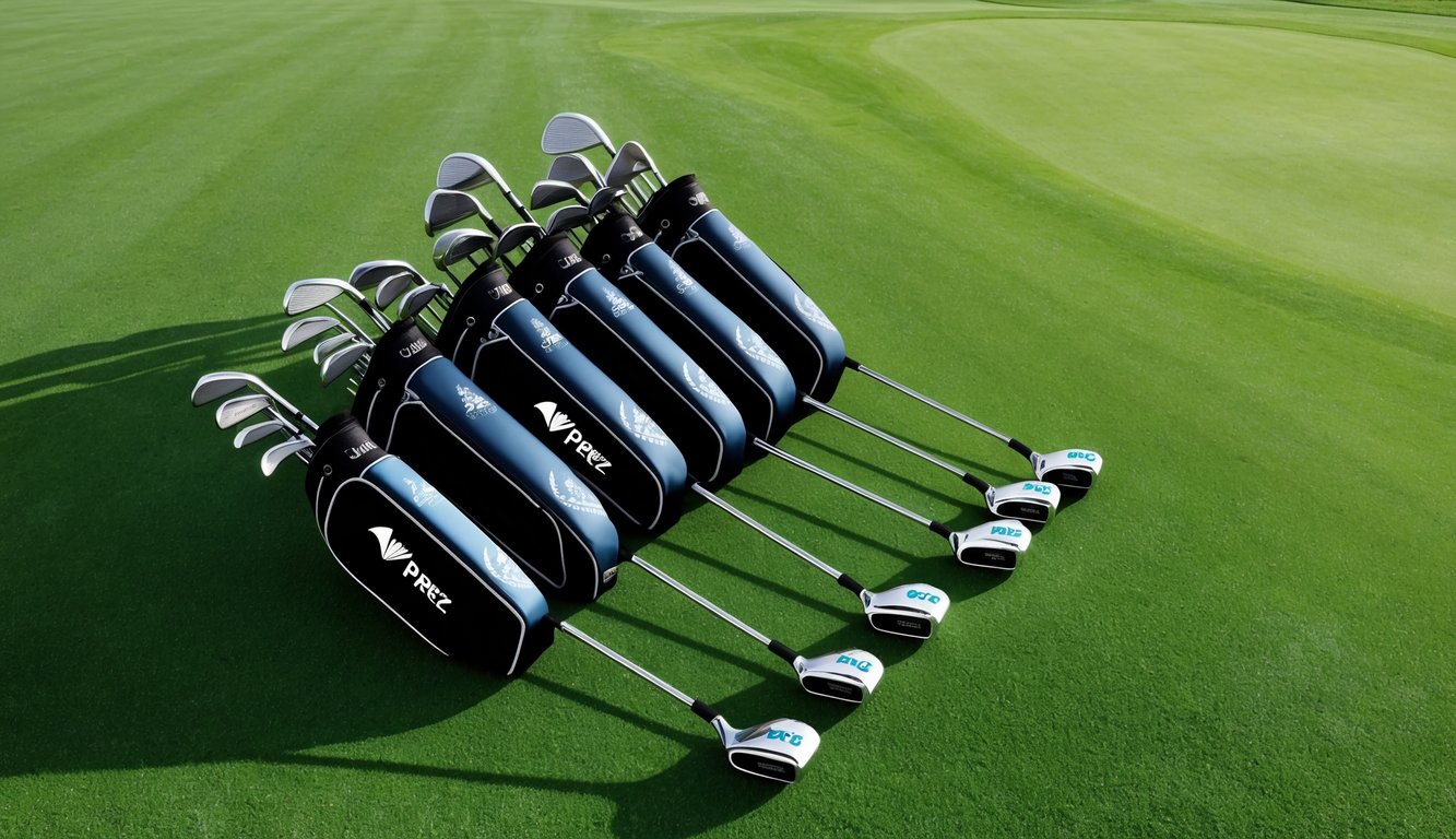 Victor Perez's golf clubs laid out on a pristine green, with a sponsor's logo prominently displayed on each club