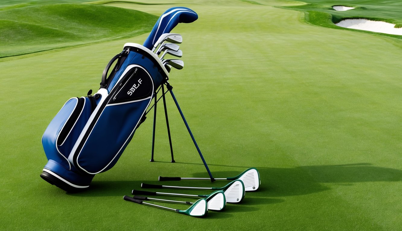 A golf bag with various clubs laid out on a pristine green fairway